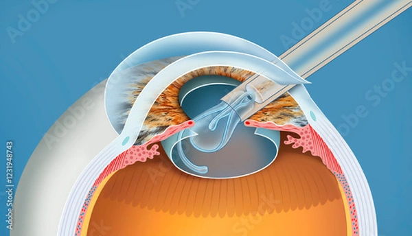 Fototapeta Descriptive illustration of the implantation of the intraocular lens. This replaces the opaque crystalline lens, improving vision after cataract surgery, using a precise and safe technique.