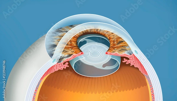 Fototapeta Descriptive illustration on the implanted intraocular lens. The opaque lens has been replaced and restored after cataract surgery, with biocompatible materials and permanent focus.