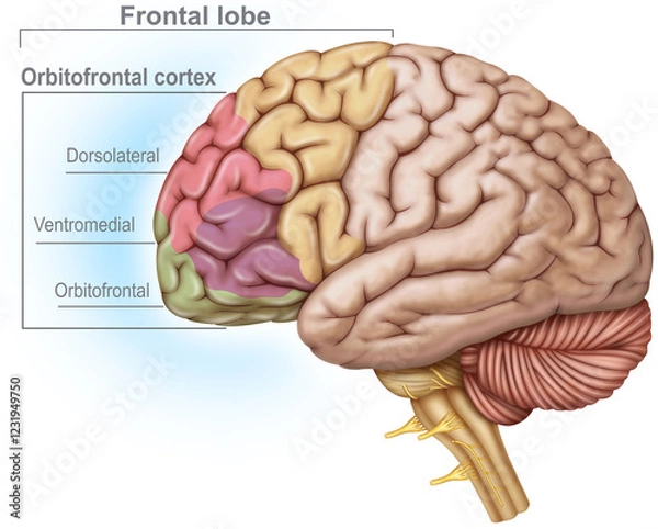 Fototapeta Illustration of the frontal lobe, which controls cognitive functions, voluntary movement, decision-making, language, and personality, as well as regulating behavior and planning.