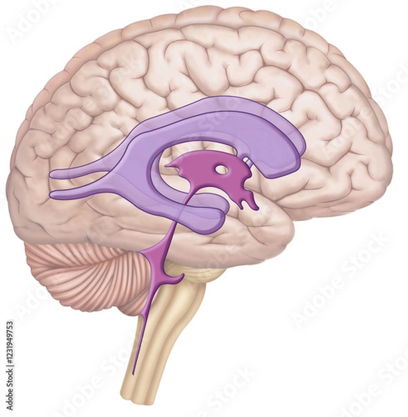 Fototapeta Illustration of the brain and cerebrospinal fluid, which protects the brain and spinal cord, cushions shocks, transports nutrients removes waste, and maintains the balance of the nervous system.