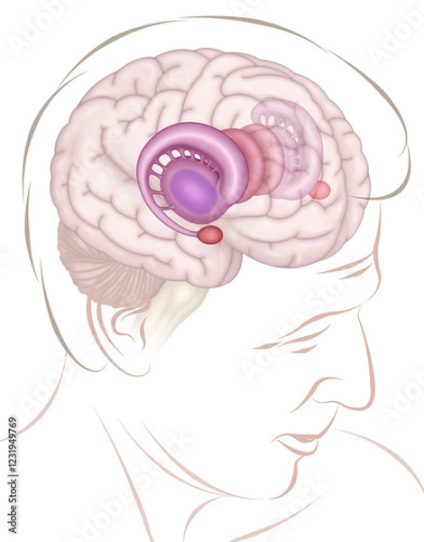 Fototapeta Illustration of a male human head with the brain and limbic system. The brain system is involved in emotions, memory, and behavior.
