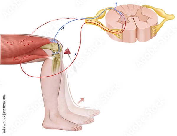 Fototapeta Schematic representation of the myotatic reflex is an involuntary response that maintains muscle tone and posture, activated by muscle elongation and mediated by neuromuscular spindles.