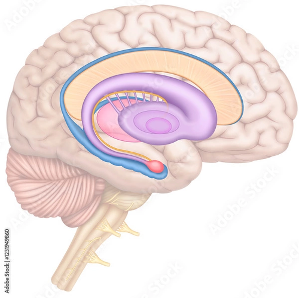 Fototapeta Representation of the brain and the limbic system. Set of brain structures involved in emotions, memory, and behavior. Including the amygdala, hippocampus, and hypothalamus.