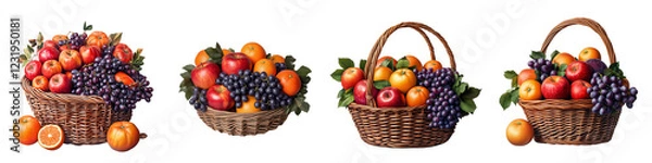 Fototapeta set of A basket of fresh apples, oranges and grapes, A fruit basket of apples, oranges and, grapes, A basket filled with fresh apples, oranges and grapes, on a transparent backgrounds