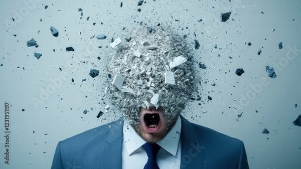 Fototapeta A business man screams as hisbusiness mand explodes into fragments, symbolizing stress or pressure in a dramatic, surreal manner.