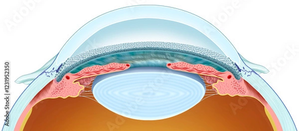 Fototapeta Schematic representation of aqueous humor drainage. This regulates intraocular pressure, and passes through the trabeculum and Schlemm's canal, preventing glaucoma.