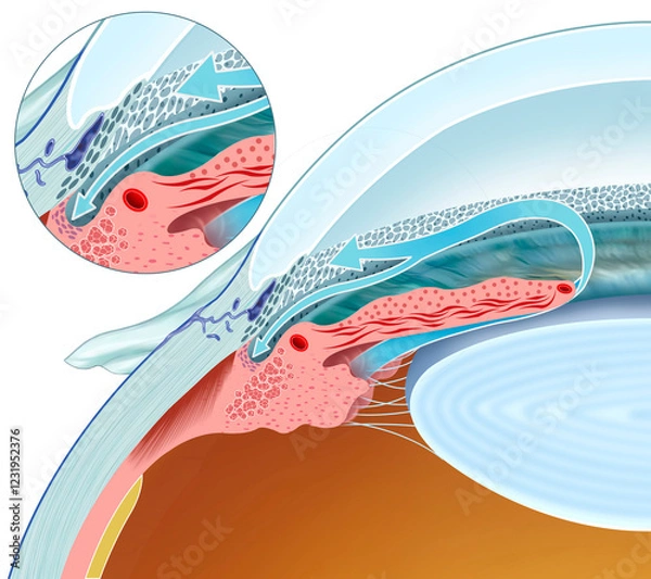 Fototapeta Diagram of aqueous humor drainage from the eye. This regulates intraocular pressure, and passes through the trabeculum and Schlemm's canal, preventing glaucoma.