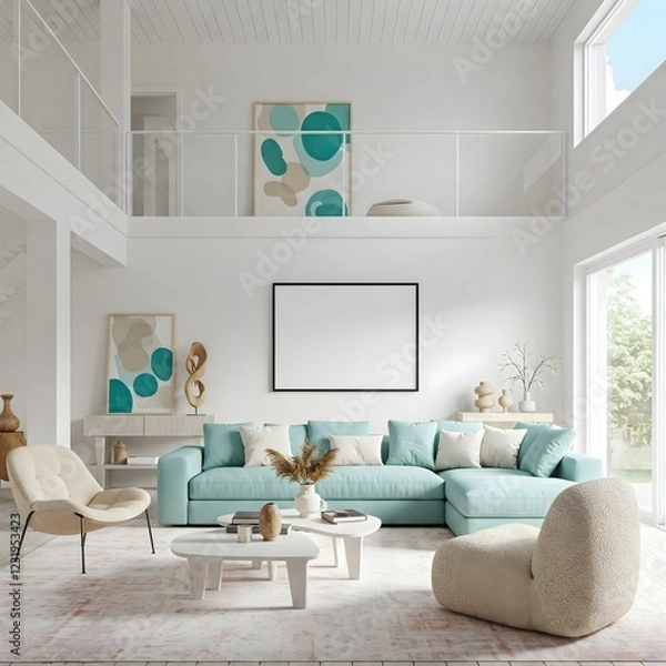 Fototapeta A bright and airy living room bathed in natural light from large,paned windows overlooking a lush garden. The room is anchored by a plush, light colour sectional sofa adorned with soft, neutral pillow
