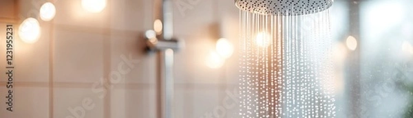 Obraz Water drops softly cascade from a stainless-steel rain shower head inside a sleek glass enclosure
