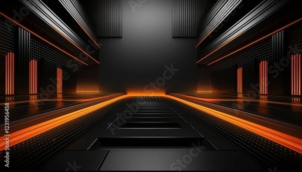Obraz corridoio futuristico con design metallico e luci arancioni integrate in pannelli neri,  forte contrasto e effetto di profondità