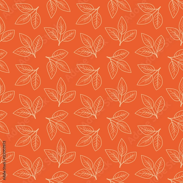 Fototapeta Vibrant orange background with a repeating pattern of delicate, offwhite leaf sprigs.  Perfect for autumnal designs, textiles, packaging, or website backgrounds.