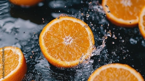 Fototapeta Juicy oranges with water splashes on a black background, macro photography