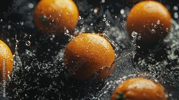 Fototapeta Whole oranges with water droplets and splashes on a black background. Macro photography highlights the natural texture of citrus fruits, creating a juicy, fresh, and dynamic composition.