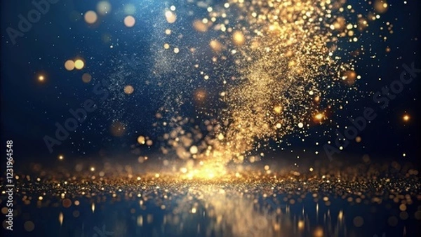 Fototapeta Sparkling metallic dust suspended in mid-air amidst a dark blue background, with subtle hints of warm golden tones , metallic, dust