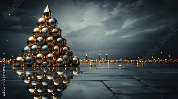 Fototapeta christmass tree made out of steal, minimalist, copy space