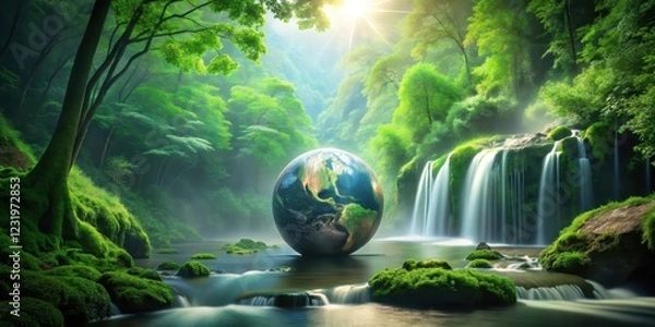 Fototapeta Serene Waterfall Cascading Through Lush Greenery, Encircling a Tranquil Earth Globe at the Heart of a Verdant Paradise