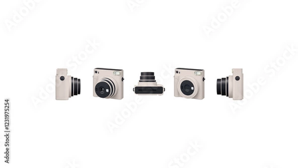 Fototapeta Beige instant photographic camera on white copy-space background.