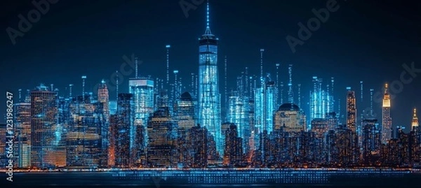 Obraz New York City Skyline with One World Trade Center Dotted Glowing Network Style At Dusk