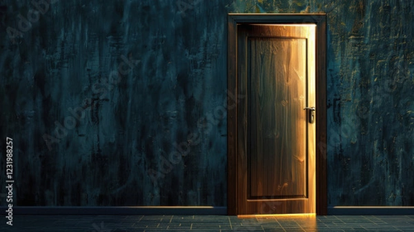 Fototapeta wooden door slightly ajar, illuminated by warm light, against textured dark wall, creating mysterious atmosphere