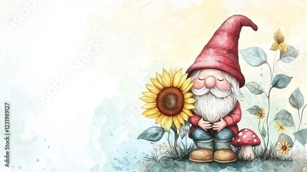Fototapeta A cute gnome sits beside a sunflower and a mushroom, surrounded by soft blue and beige hues, creating a whimsical and cheerful scene.