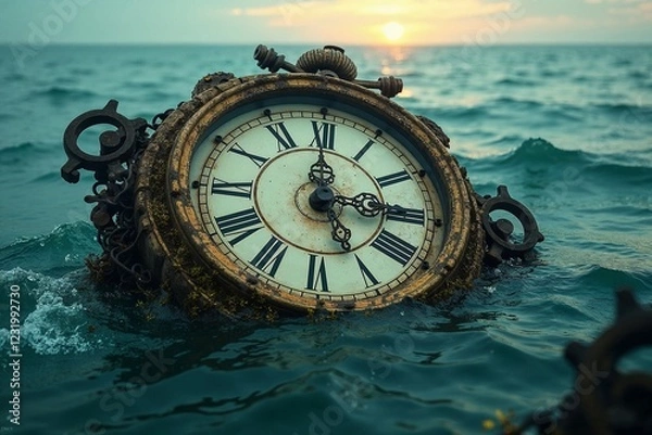 Obraz Majestic ornate clock face sinking into the vast ocean, turquoise waves lapping at Roman numerals, seaweed-covered chains and gears emerging, glowing golden accents
