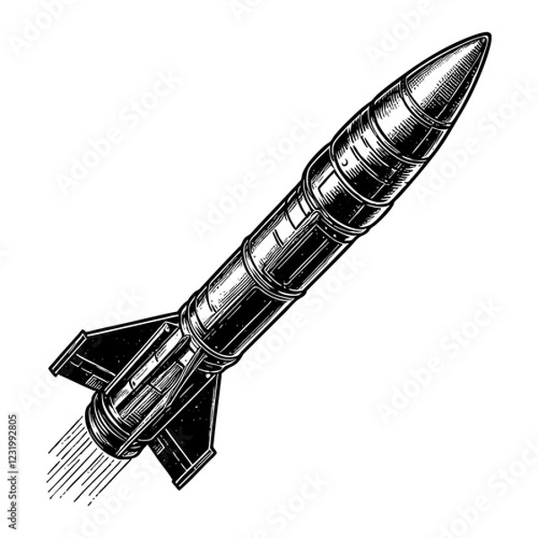 Fototapeta military missile rocket in mid-flight, featuring detailed metallic textures and propulsion flames sketch engraving generative ai PNG illustration. Scratch board imitation. Black and white image.