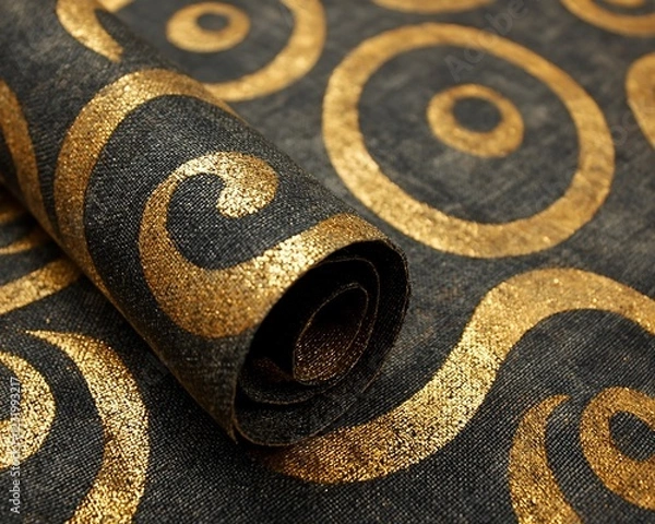 Fototapeta Rolled dark fabric with gold swirl pattern.