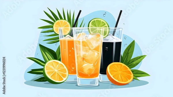 Fototapeta Refreshing summer drinks with citrus fruits and tropical leaves.  Perfect for menus, websites, and advertisements