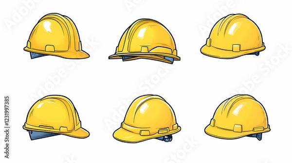 Obraz Six yellow hard hats, various angles, white background; safety, construction, industry icon set
