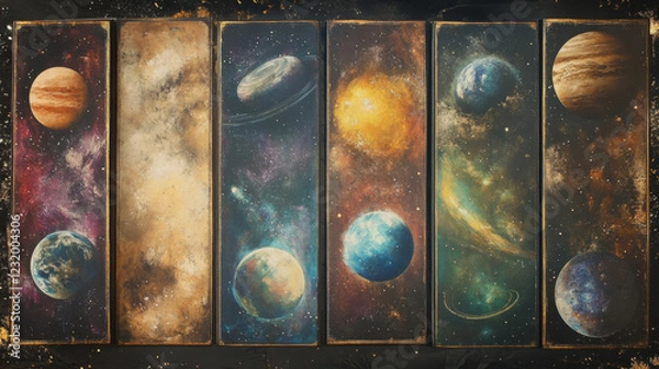 Fototapeta Kids bookmarks with cartoon planets in space, vertical banners for astronomy science or fantasy books. Galaxy and Universe exploration, stars, alien objects with bright fantastic surface, Vector set