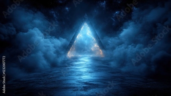 Fototapeta Glowing triangle portal, night, clouds, reflection, fantasy