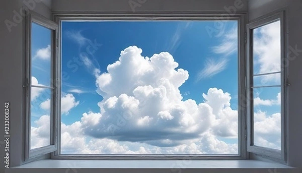 Fototapeta Square window overlooking blue sky and white cumulus clouds, cumulus, geometric