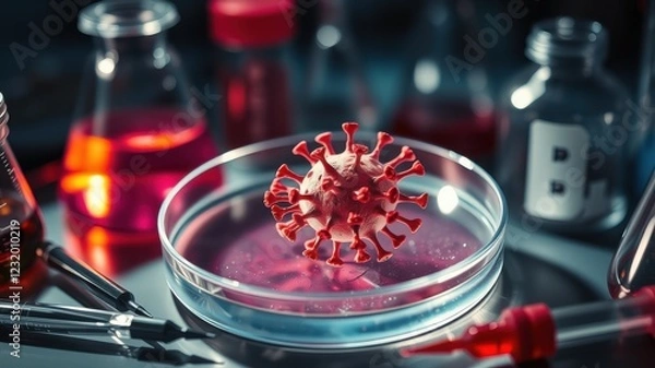 Obraz Laboratory Scene Featuring 3D Model of Coronavirus in Petri Dish Surrounded by Glassware and Colorful Solutions