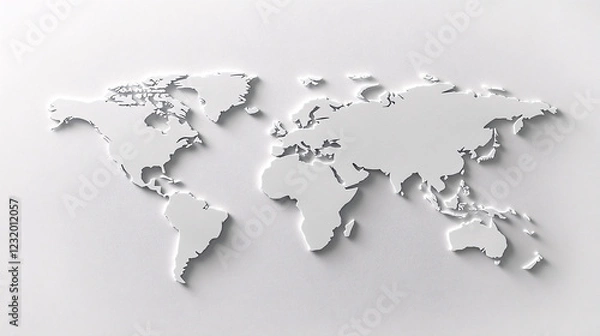 Fototapeta A minimalist three-dimensional world map with raised white continents on a clean white background creating a modern and elegant design
