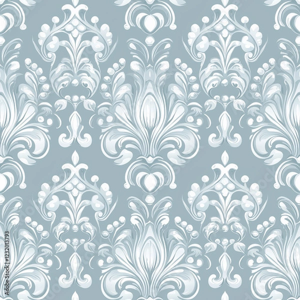Fototapeta Elegant damask pattern in soft blue and white tones, perfect for interior design.