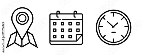 Fototapeta Time, date and address icon set. Calendar, clock, location. Editable stroke. Linear vector outline illustration. Vector illustration.