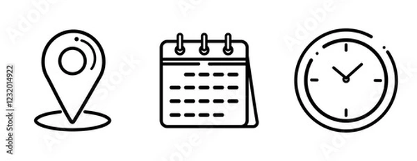 Fototapeta Time, date and address icon set. Calendar, clock, location. Editable stroke. Linear vector outline illustration. Vector illustration.