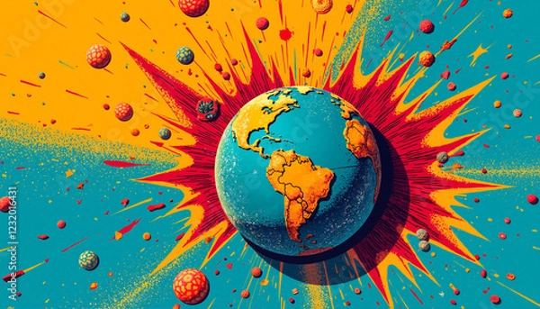 Fototapeta Explosive artwork of a peaceful earth symbolizing peace and love with copy space