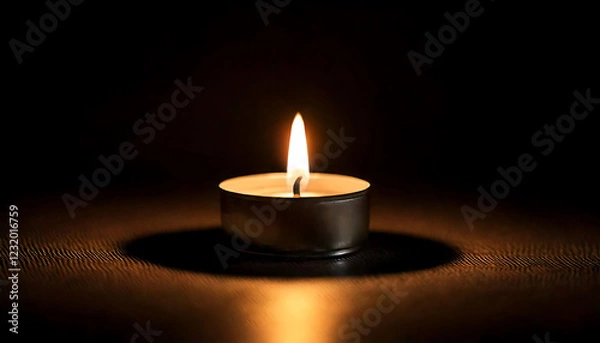 Fototapeta A single lit tea light candle casts a warm glow on a dark surface.