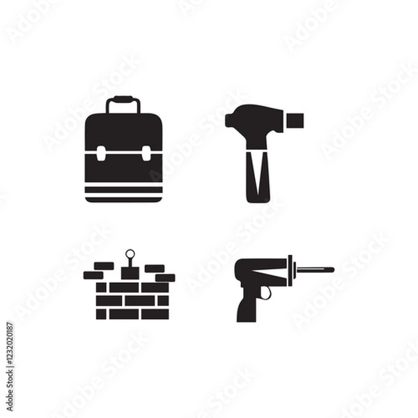 Obraz Mason bricklayer black vector concept icon. Mason builder icon set bricklayer flat illustration, sign home, brick wall, hammer,  drill, vector. 