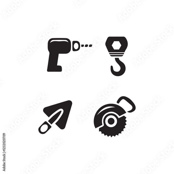 Obraz Mason bricklayer black vector concept icon. Mason builder icon set bricklayer flat illustration, sign home, brick wall, hammer,  drill, vector. 