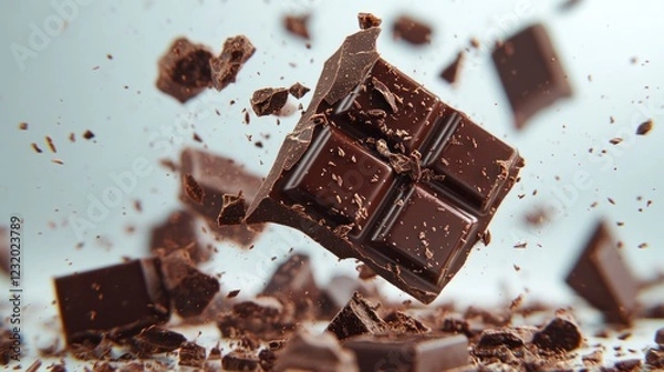 Fototapeta Dark Chocolate Pieces Isolated on Light Background, Close-Up View of Splendid Textures and Irresistible Details
