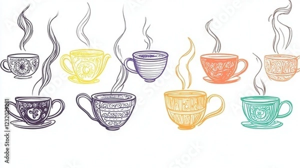 Obraz Whimsical Hand-Drawn Teacups and Mugs, Charming arrangements of unique designs, inviting warmth and creativity, transparent background for versatile use