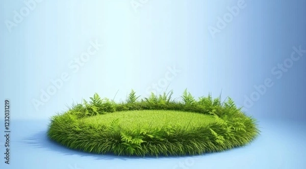 Fototapeta Abstract grass podium on a blue background, minimalist style 3D rendering