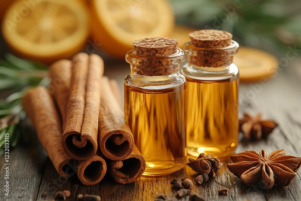 Fototapeta beautiful background 2 jars of oil around cinnamon cloves