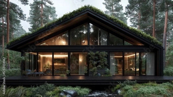 Fototapeta Modern eco-friendly house nestled in a serene forest, blending seamlessly with nature in twilight. Generative AI