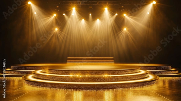 Fototapeta Gold light show stage. Abstract spotlight podium. Golden concert or winner ceremony studio with glitter and platform. Shiny bright night club event 3d stairs pedestal bg design. Sparkle flare scene