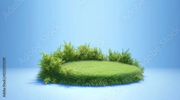 Fototapeta Abstract grass podium on a blue background, minimalist style 3D rendering