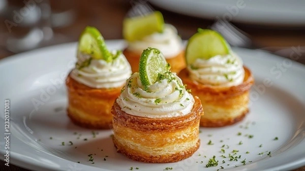 Obraz Delicious Lime and Cream Puff Pastry Tarts on White Plate