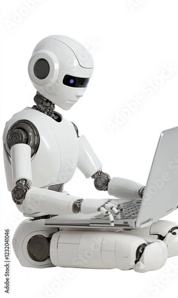Fototapeta White robot using laptop, isolated on white